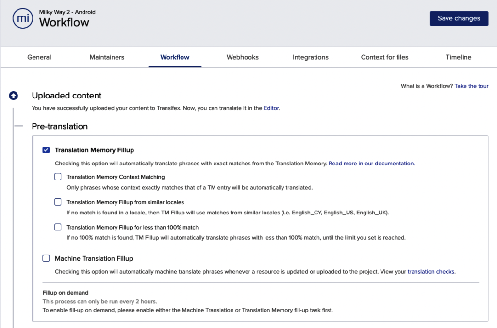 Translation Memory settings