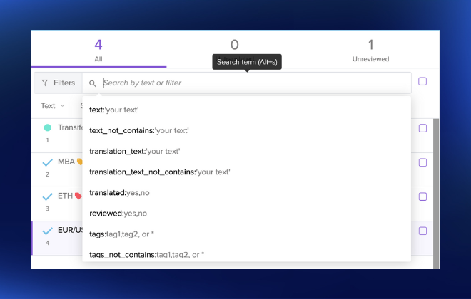 glossary search filters