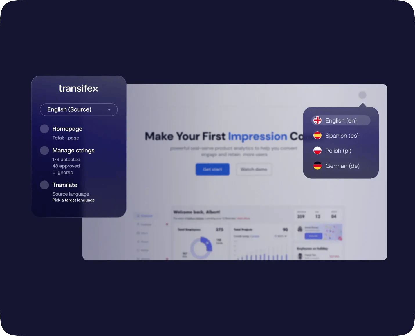This image shows the user interface for Transifex Live. A sidebar on the left details the project status, while a dropdown menu displays a list of target languages, which demonstrates the feature's ability to manage live content localization and select target languages easily.