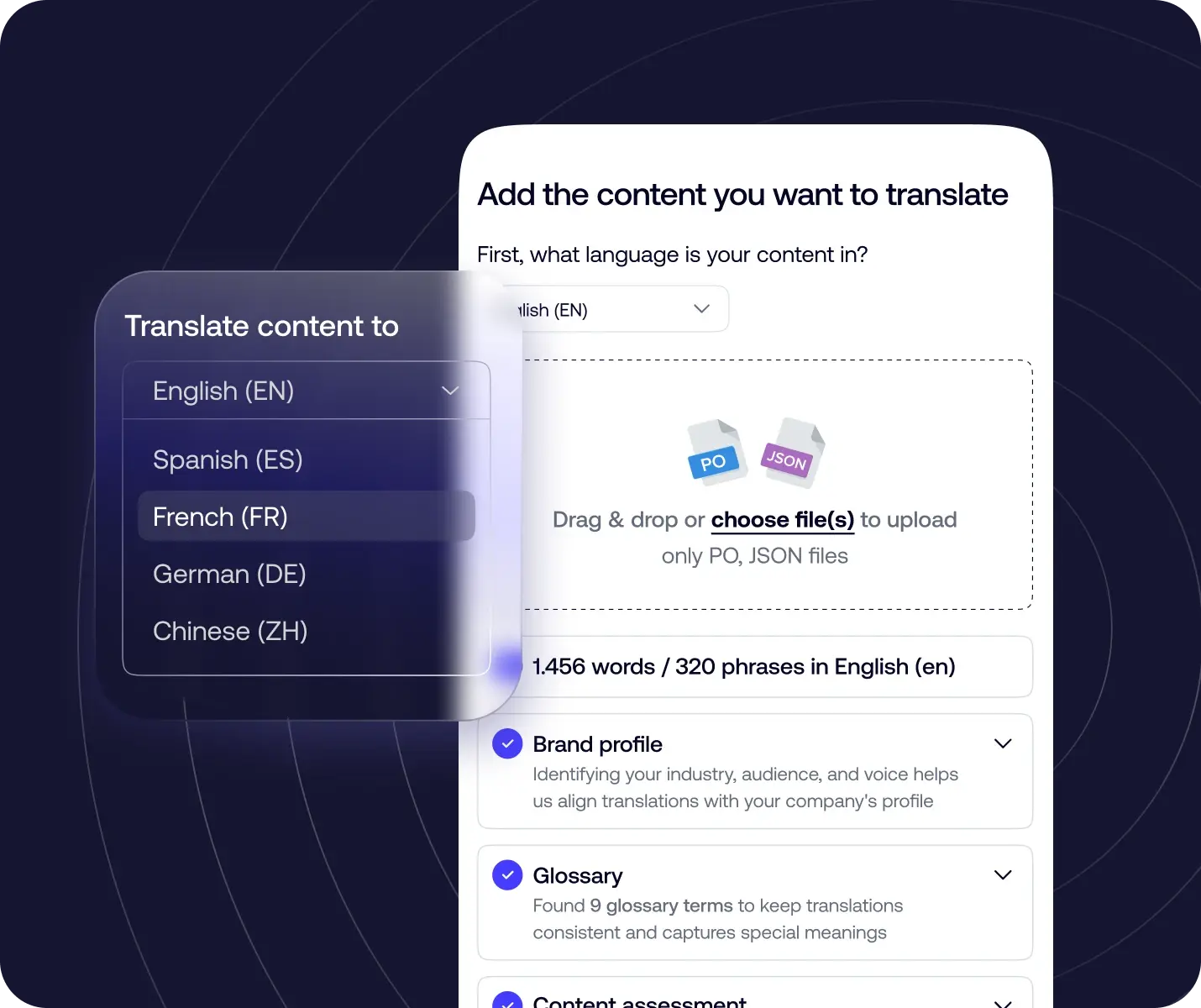 This image displays a file upload interface where users can select the source language and drag and drop files like .po and .json to translate. It also shows options for a Brand profile and Glossary, demonstrating the use of advanced tools to ensure consistent and accurate translations.