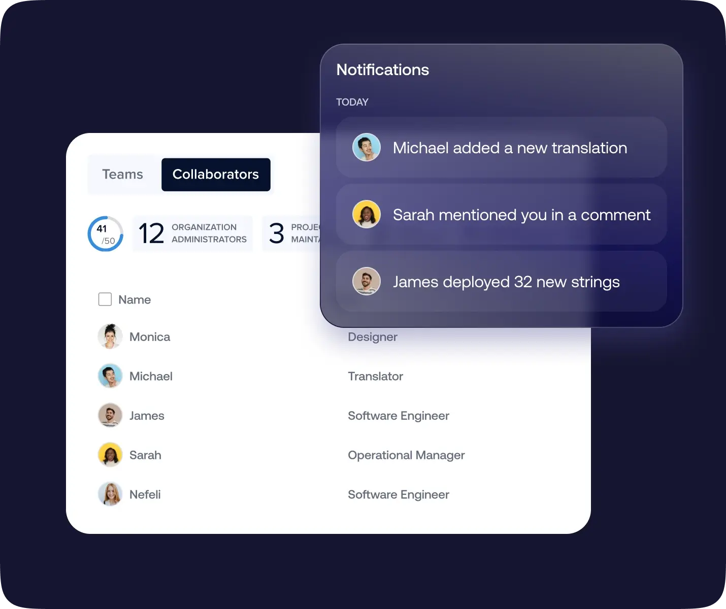 A dashboard view of team collaboration with real-time notifications. It showcases how different roles can work together seamlessly on translations and deployments.