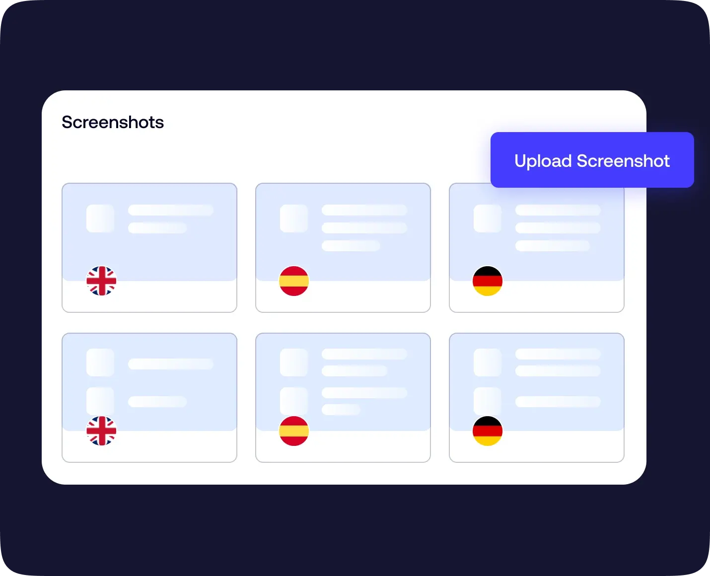 This image shows a dashboard for managing screenshots, with a large 