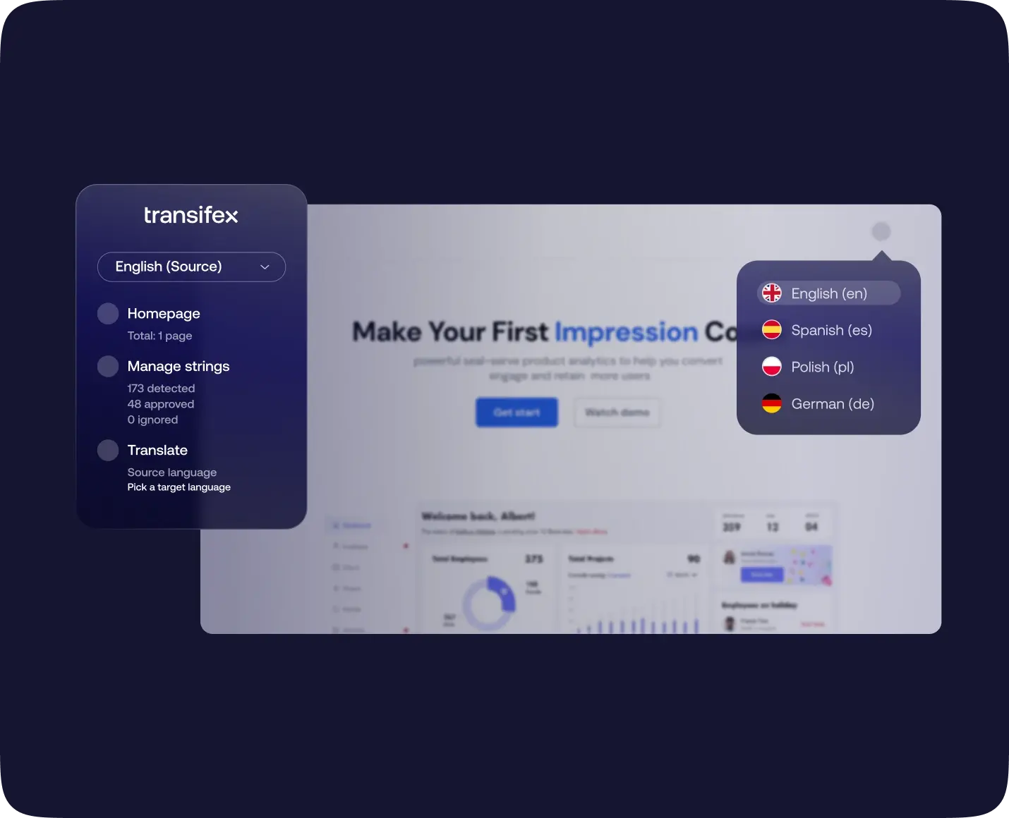 This image shows the user interface for Transifex Live. A sidebar on the left details the project status, while a dropdown menu displays a list of target languages, which demonstrates the feature's ability to manage live content localization and select target languages easily.