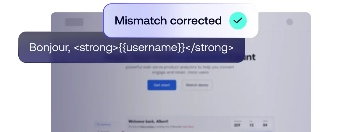 A pop-up showing a corrected code snippet, Bonjour, <strong></strong>, and a