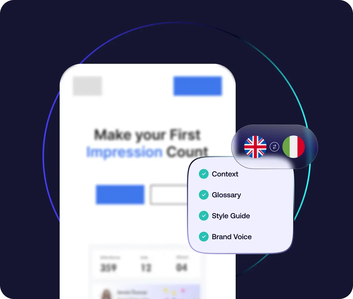 This image shows a menu with a language selector (English and Italian flags) and a list of options: Context, Glossary, Style Guide, and Brand Voice. This highlights how a platform's tools and resources ensure fast and high-quality translations by providing all necessary information.